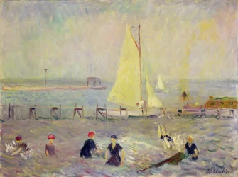 Meereslandschaft mit zwei Segelbooten und sechs Badenden